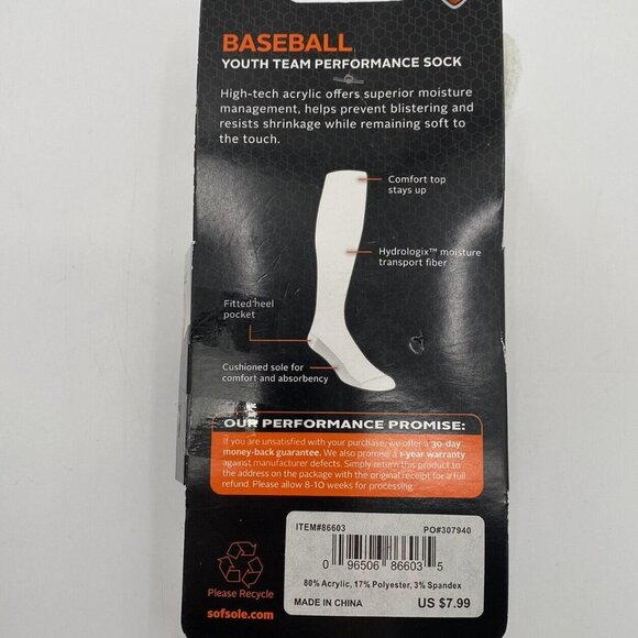 Sof Sole Baseball Stirrup Over-the-Calf Performance Socks White/Black 2-Pk 9C-1Y - Picture 2 of 2